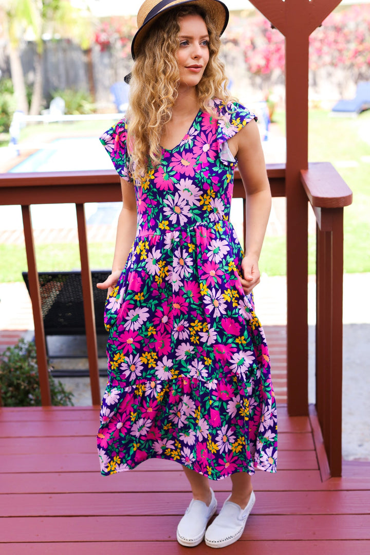 Diva Dreams Navy &amp; Lilac Floral Fit &amp; Flare Midi Dress | Nikki &amp; Co. Boutique