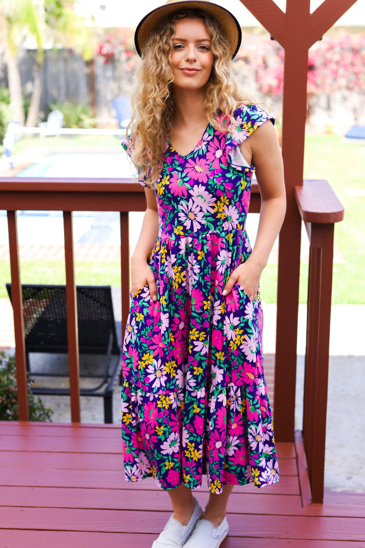 Diva Dreams Navy &amp; Lilac Floral Fit &amp; Flare Midi Dress | Nikki &amp; Co. Boutique