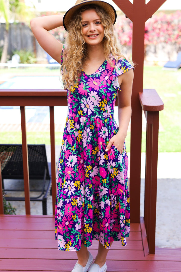 Diva Dreams Navy &amp; Lilac Floral Fit &amp; Flare Midi Dress | Nikki &amp; Co. Boutique