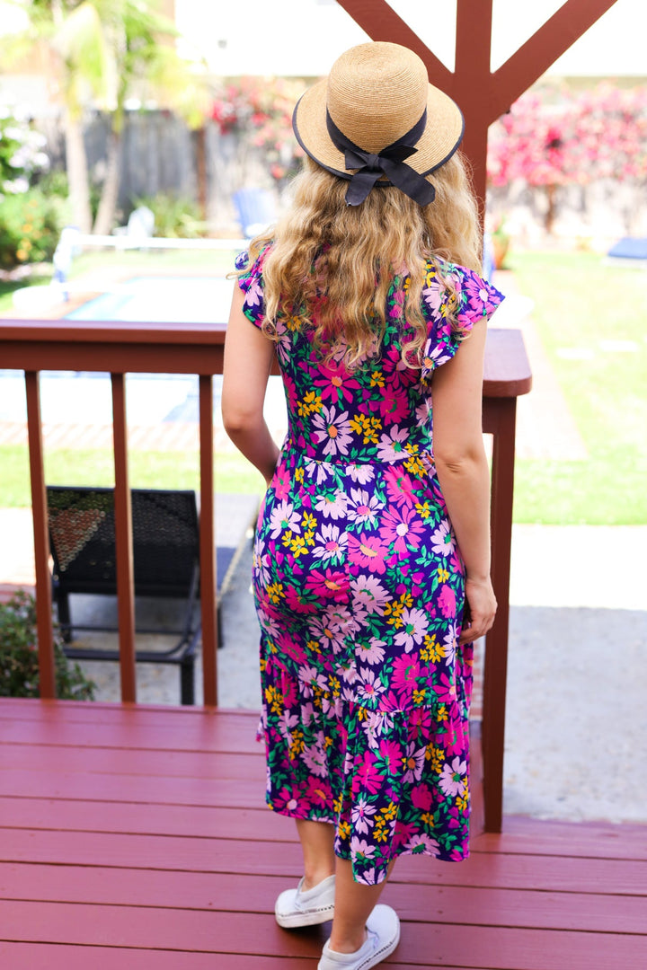 Diva Dreams Navy &amp; Lilac Floral Fit &amp; Flare Midi Dress | Nikki &amp; Co. Boutique