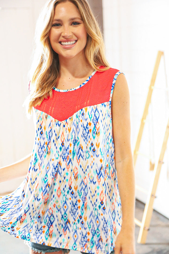 Coral Jacquard Lace Ethnic Print Tank Top | Nikki &amp; Co. Boutique