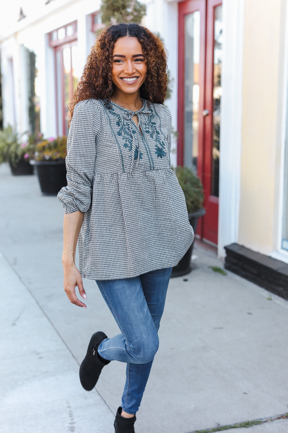 Beautiful You Dark Green Cotton Plaid Embroidered Back Button Tops | Nikki &amp; Co. Boutique