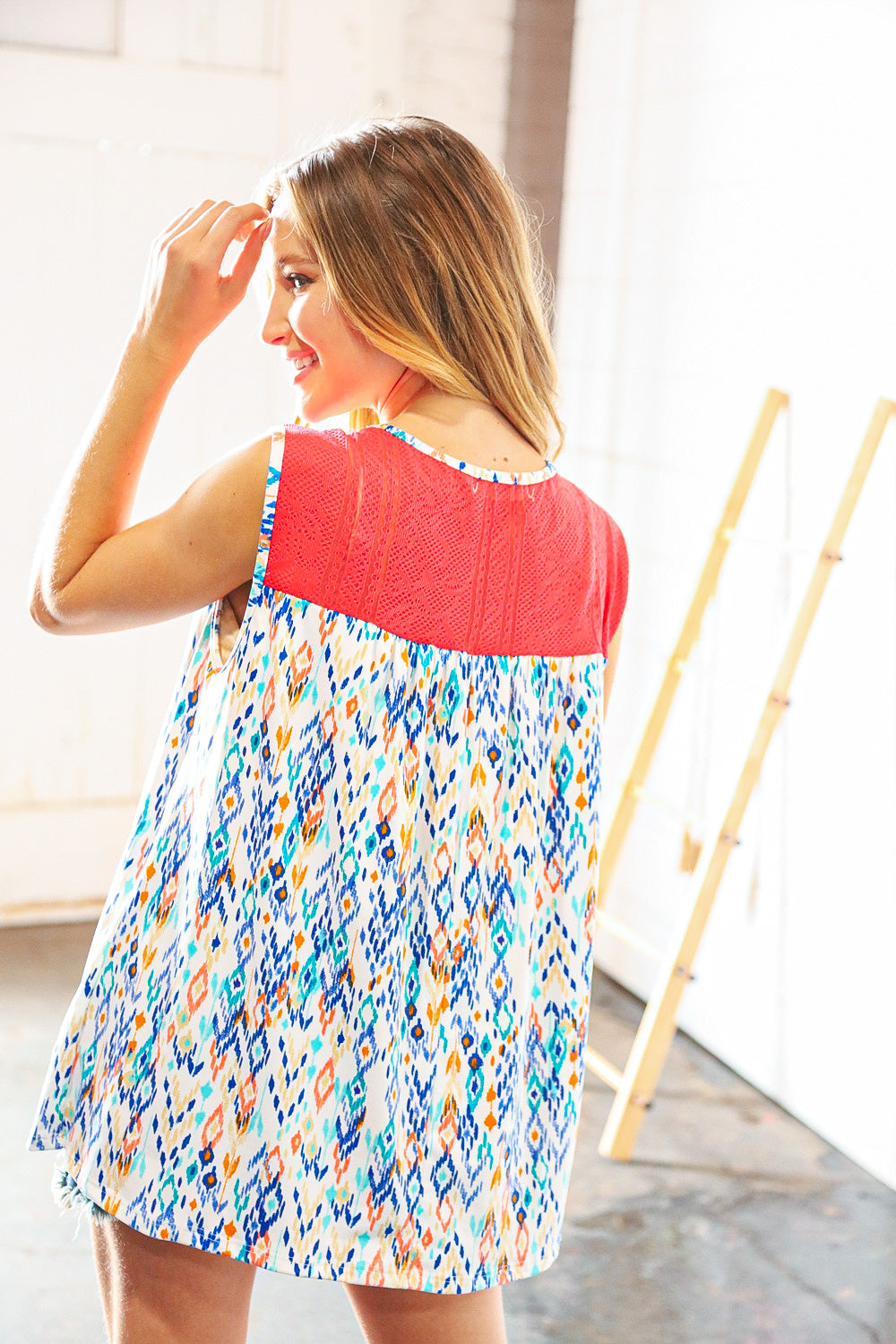 Coral Jacquard Lace Ethnic Print Tank Top | Nikki &amp; Co. Boutique