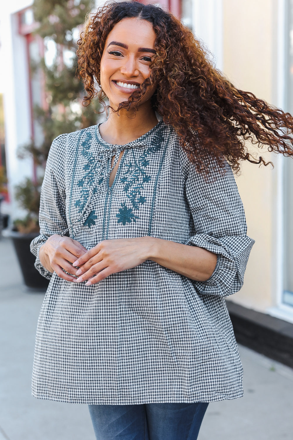 Beautiful You Dark Green Cotton Plaid Embroidered Back Button Tops | Nikki &amp; Co. Boutique