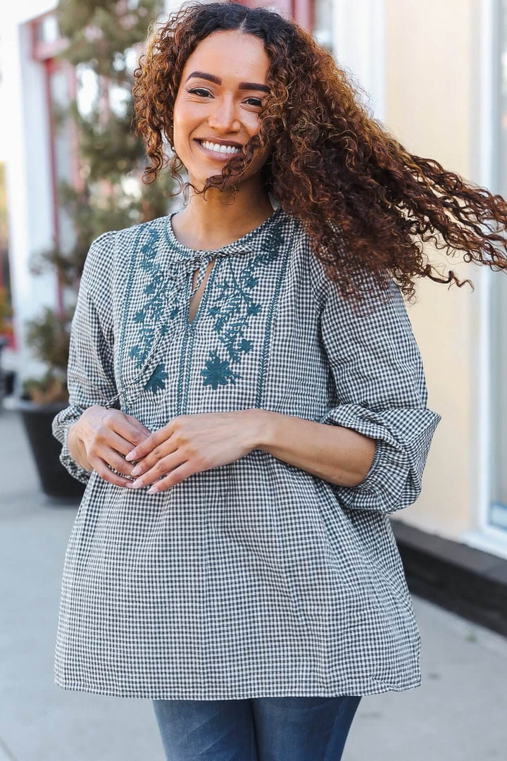 Beautiful You Dark Green Cotton Plaid Embroidered Back Button Top - Nikki &amp; Co. Boutique