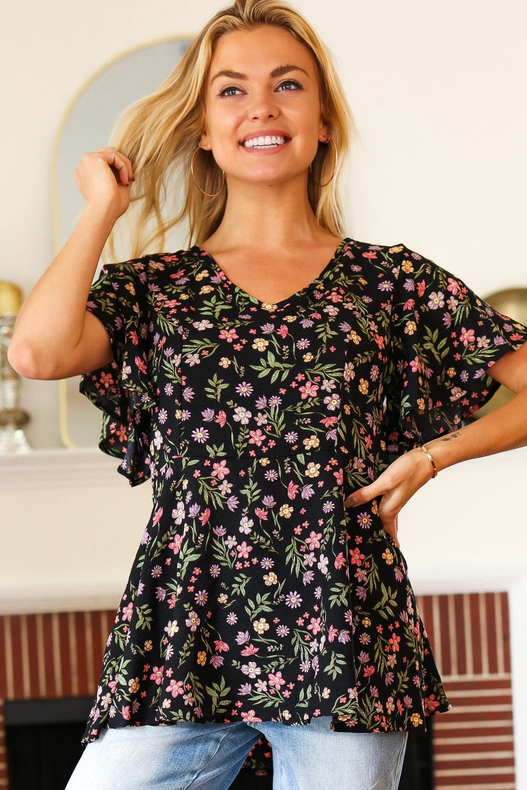 Summer Vibes Black Floral Print V Neck Babydoll Crepe Tops | Nikki &amp; Co. Boutique