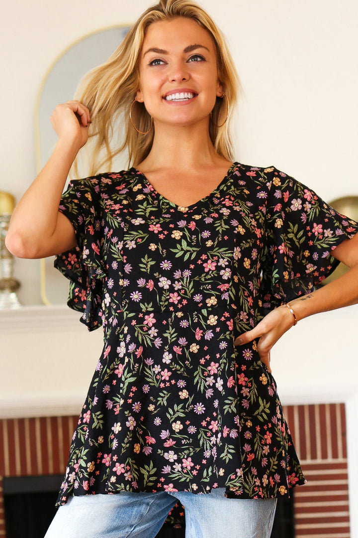 Summer Vibes Black Floral Print V Neck Babydoll Crepe Tops | Nikki &amp; Co. Boutique