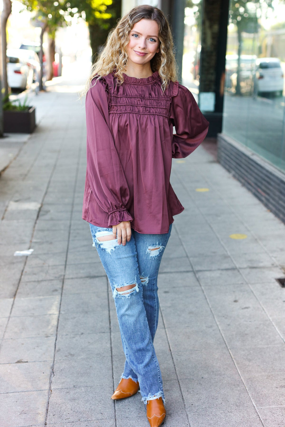 Be Your Best Wine Satin Shirred Yoke Frilled Mock Neck Tops | Nikki &amp; Co. Boutique