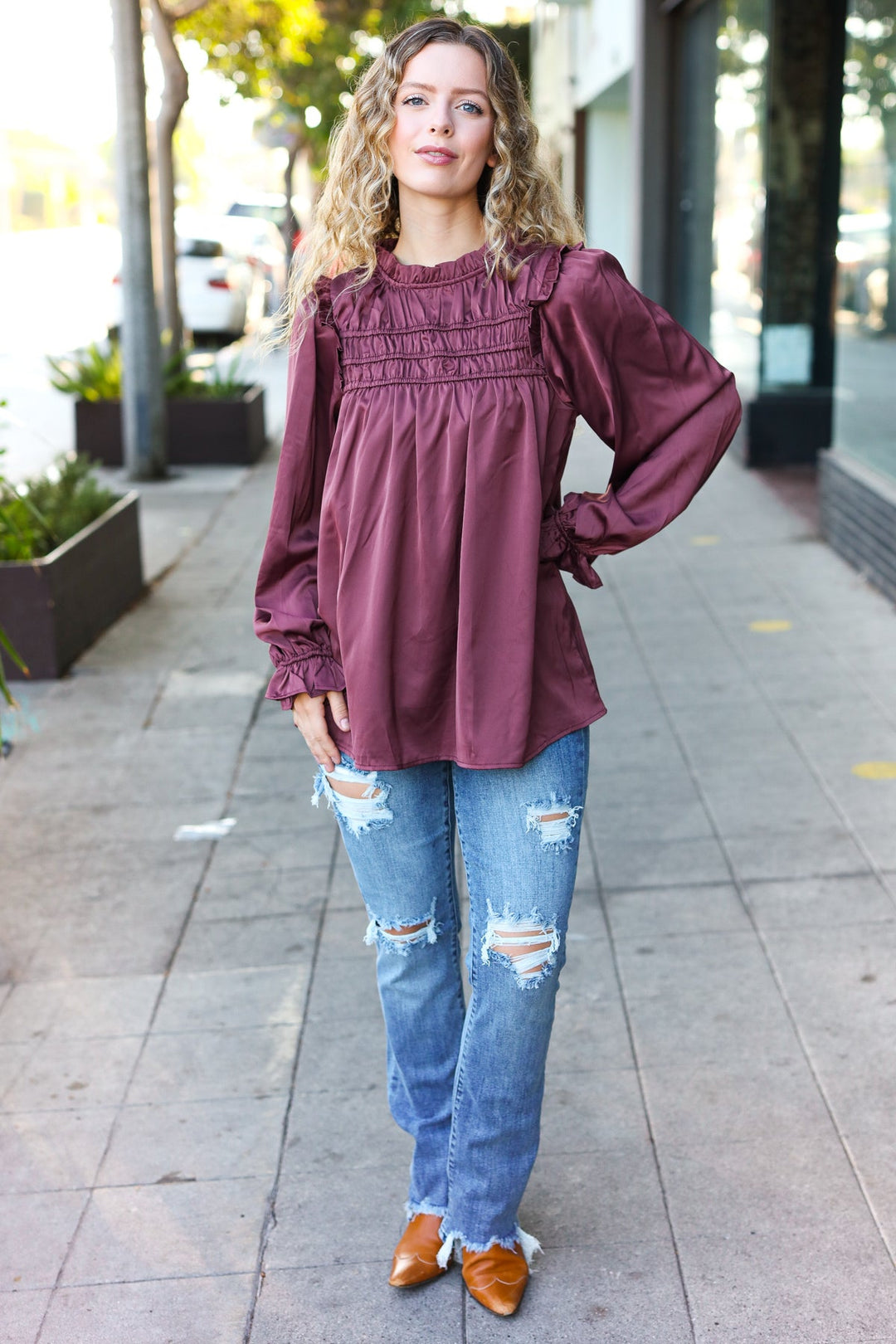 Be Your Best Wine Satin Shirred Yoke Frilled Mock Neck Tops | Nikki &amp; Co. Boutique