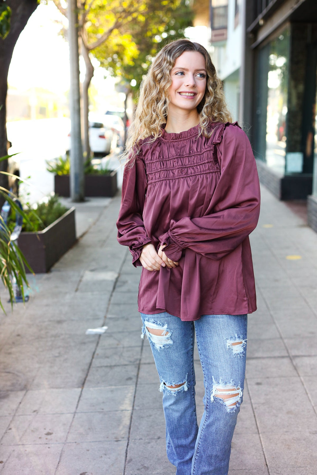 Be Your Best Wine Satin Shirred Yoke Frilled Mock Neck Tops | Nikki &amp; Co. Boutique