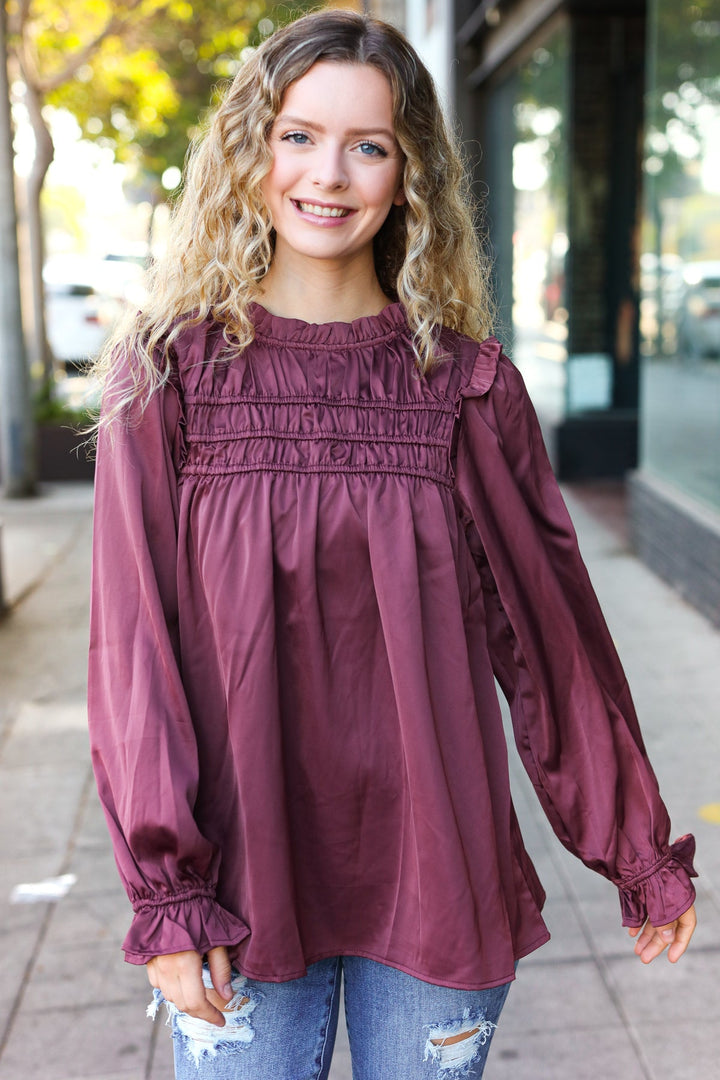 Be Your Best Wine Satin Shirred Yoke Frilled Mock Neck Tops | Nikki &amp; Co. Boutique