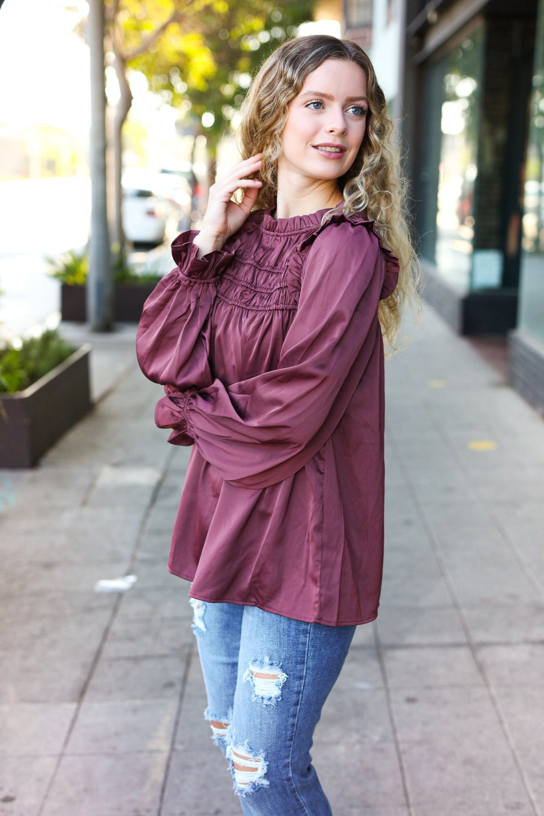 Be Your Best Wine Satin Shirred Yoke Frilled Mock Neck Tops | Nikki &amp; Co. Boutique