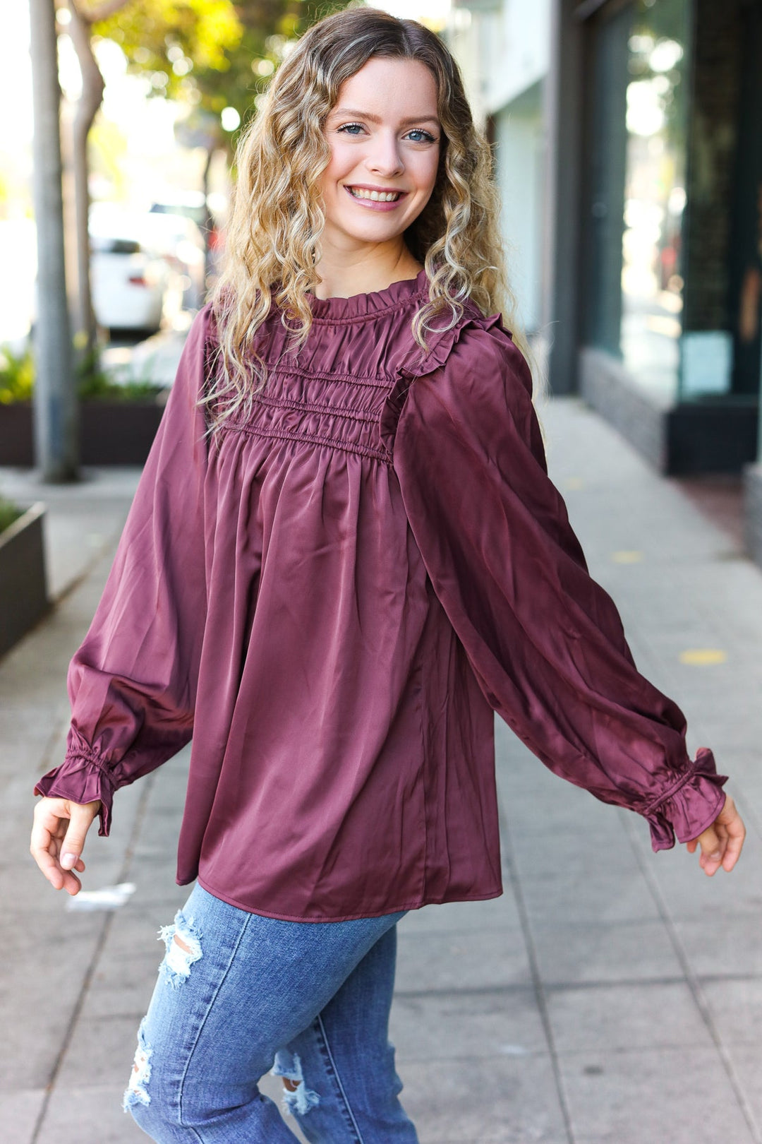 Be Your Best Wine Satin Shirred Yoke Frilled Mock Neck Tops | Nikki &amp; Co. Boutique