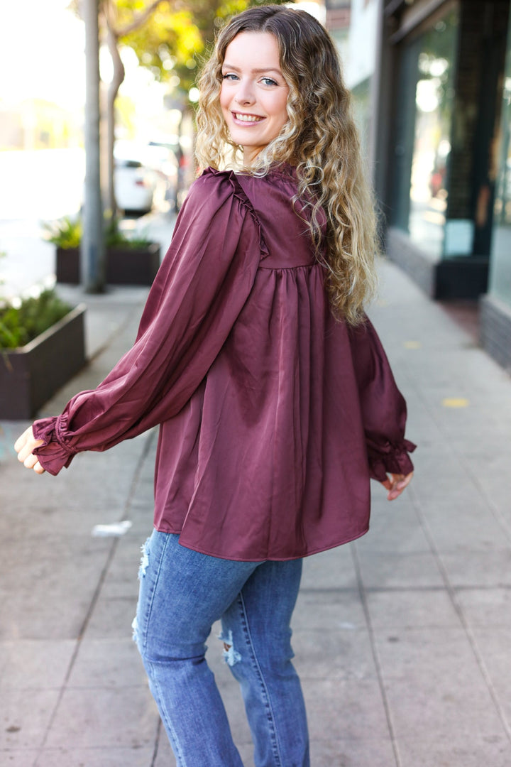 Be Your Best Wine Satin Shirred Yoke Frilled Mock Neck Tops | Nikki &amp; Co. Boutique