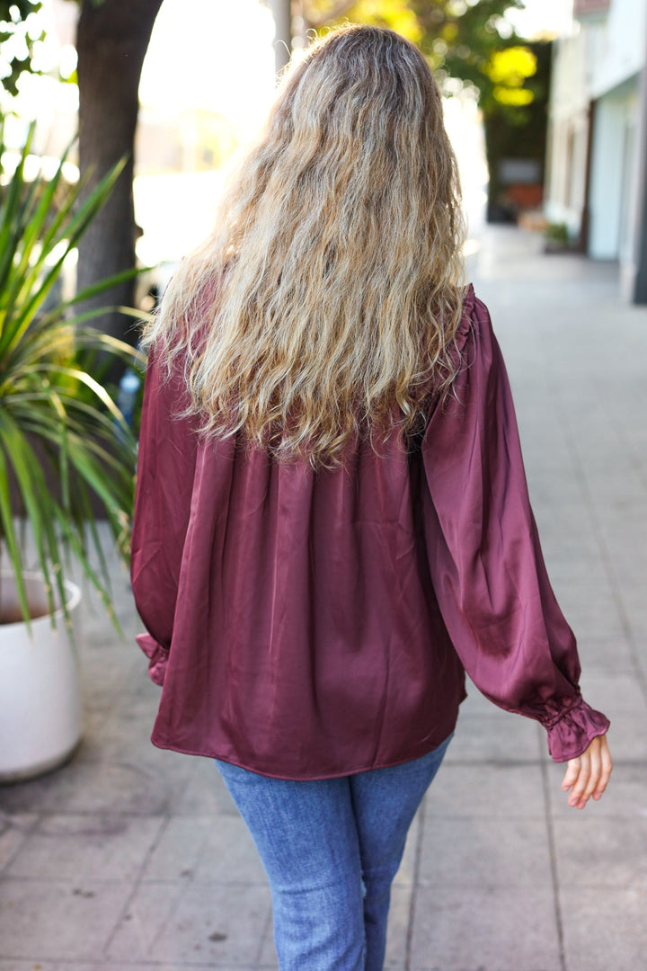 Be Your Best Wine Satin Shirred Yoke Frilled Mock Neck Tops | Nikki &amp; Co. Boutique