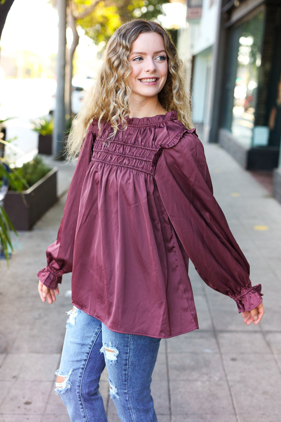 Be Your Best Wine Satin Shirred Yoke Frilled Mock Neck Tops | Nikki &amp; Co. Boutique