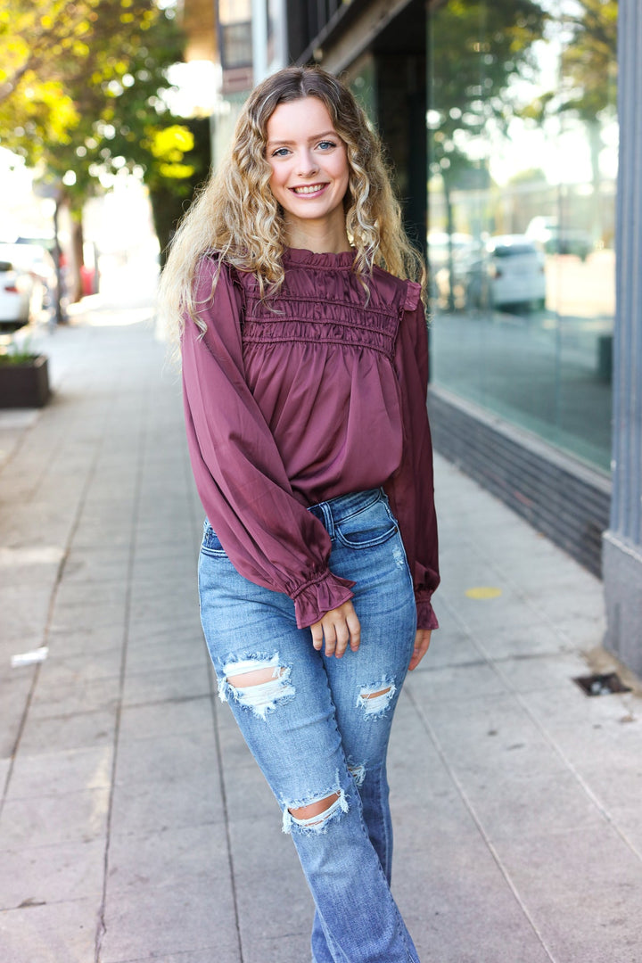 Be Your Best Wine Satin Shirred Yoke Frilled Mock Neck Tops | Nikki &amp; Co. Boutique