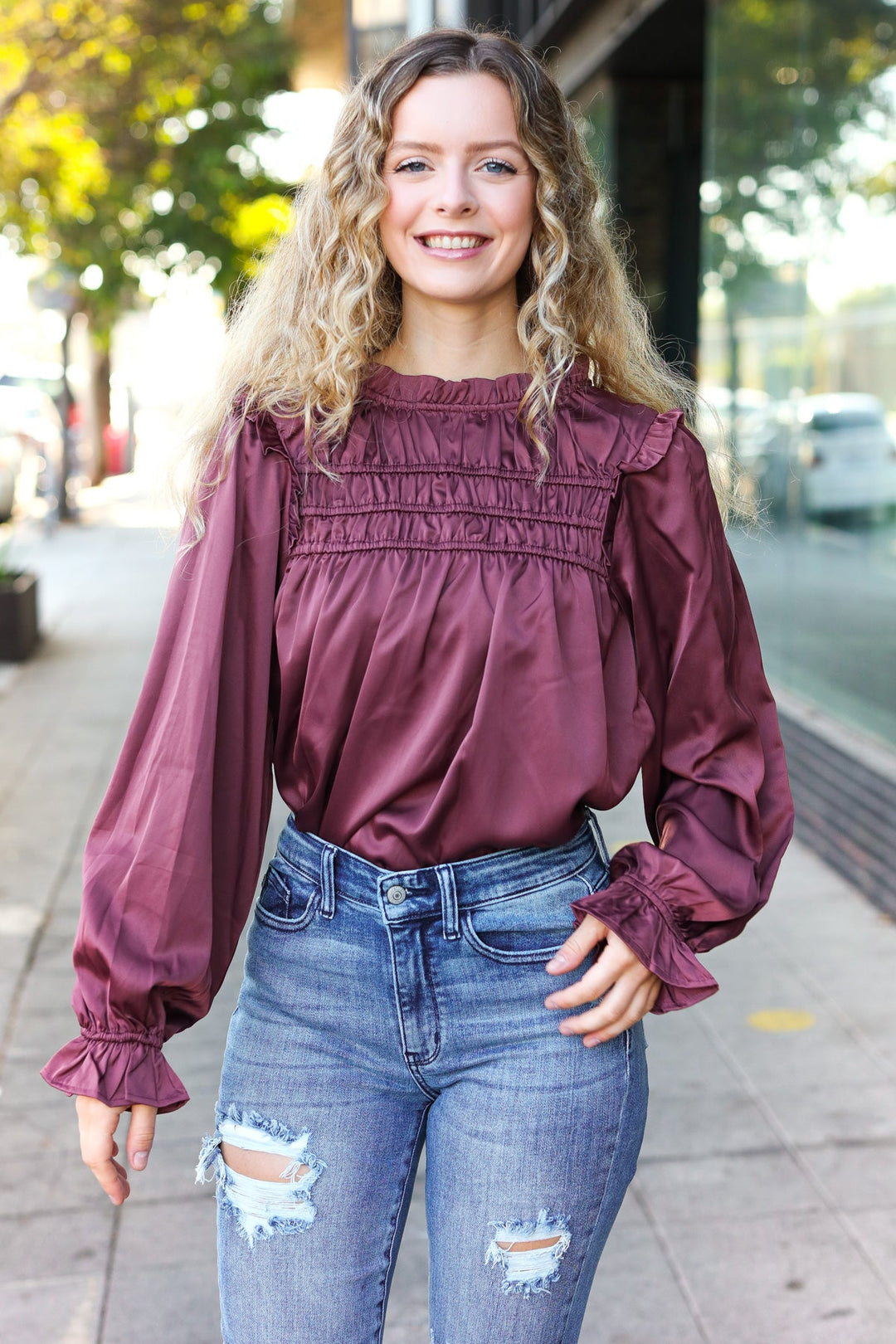 Be Your Best Wine Satin Shirred Yoke Frilled Mock Neck Tops | Nikki &amp; Co. Boutique