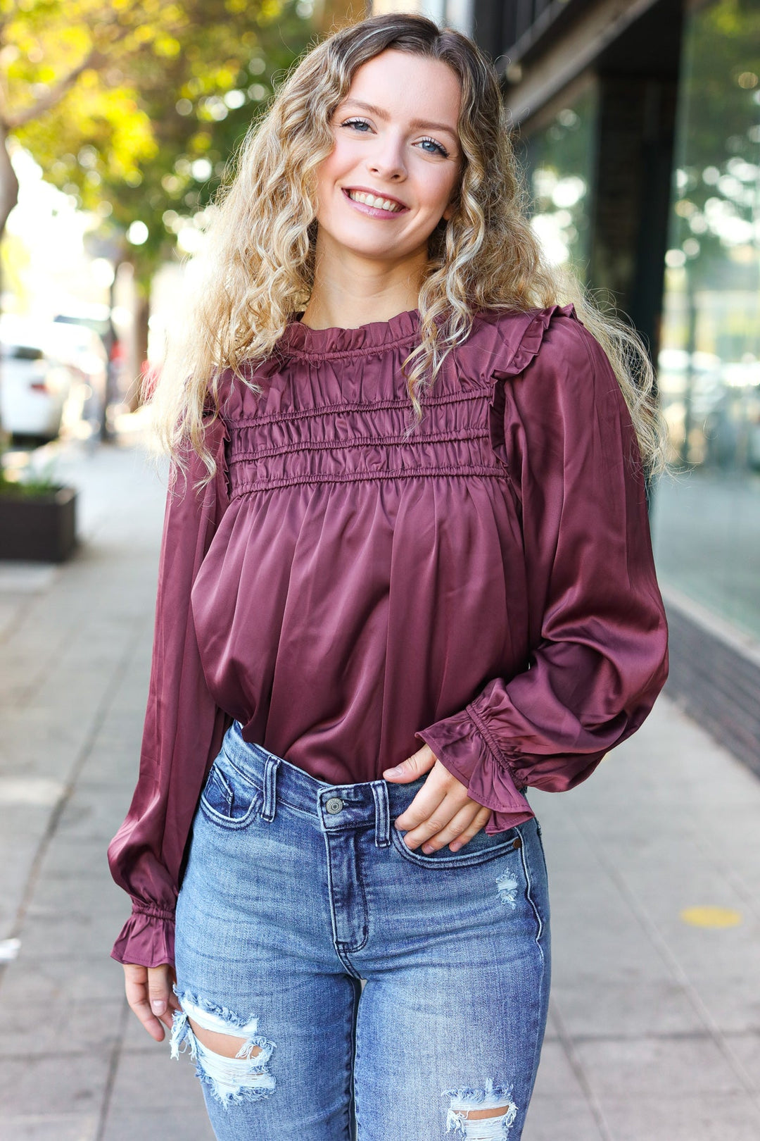 Be Your Best Wine Satin Shirred Yoke Frilled Mock Neck Tops | Nikki &amp; Co. Boutique