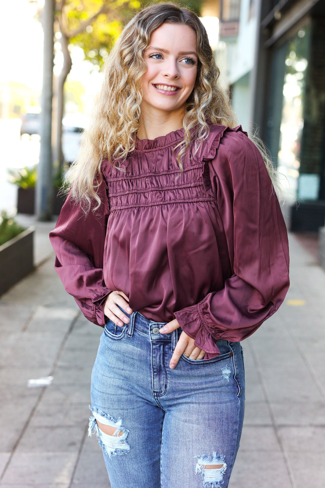 Be Your Best Wine Satin Shirred Yoke Frilled Mock Neck Tops | Nikki &amp; Co. Boutique