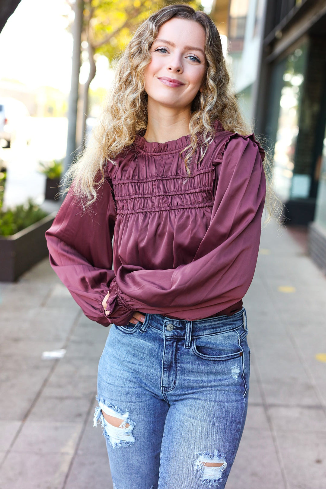 Be Your Best Wine Satin Shirred Yoke Frilled Mock Neck Tops | Nikki &amp; Co. Boutique