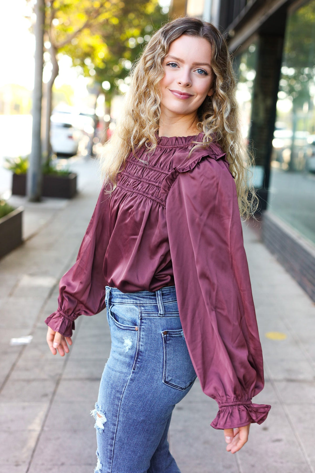 Be Your Best Wine Satin Shirred Yoke Frilled Mock Neck Tops | Nikki &amp; Co. Boutique