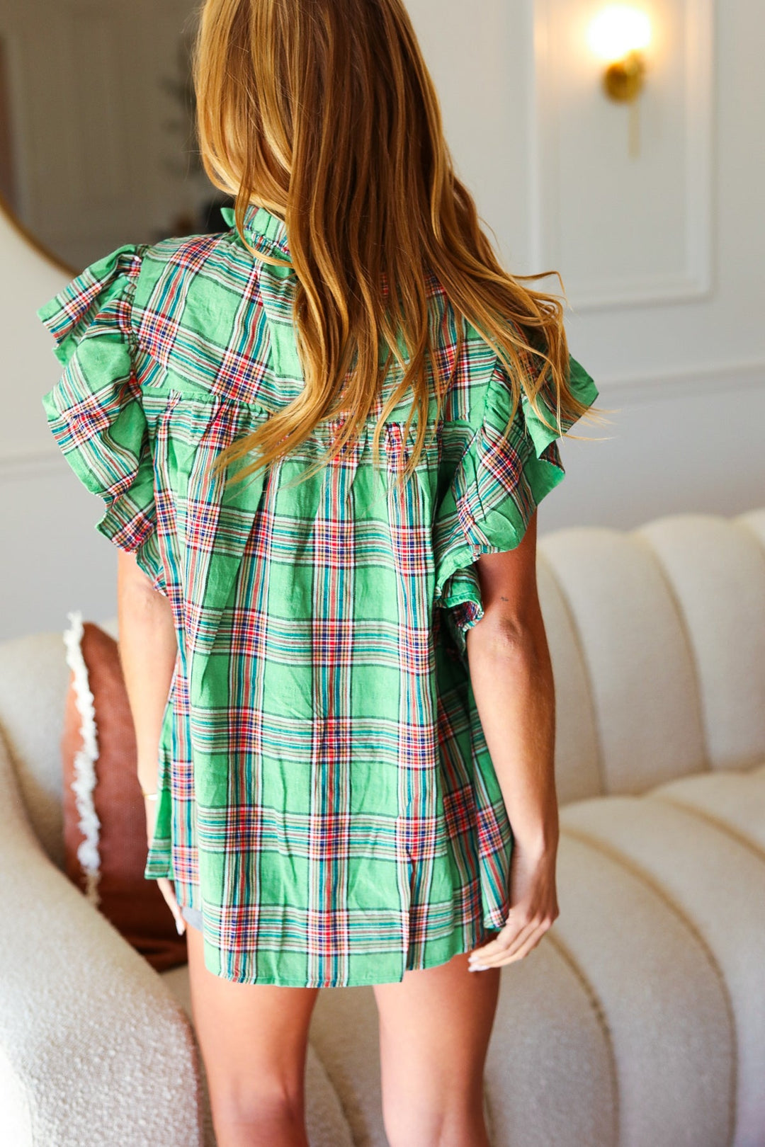 Live For Today Green Plaid Shirred Yoke Flutter Sleeve Tops | Nikki &amp; Co. Boutique