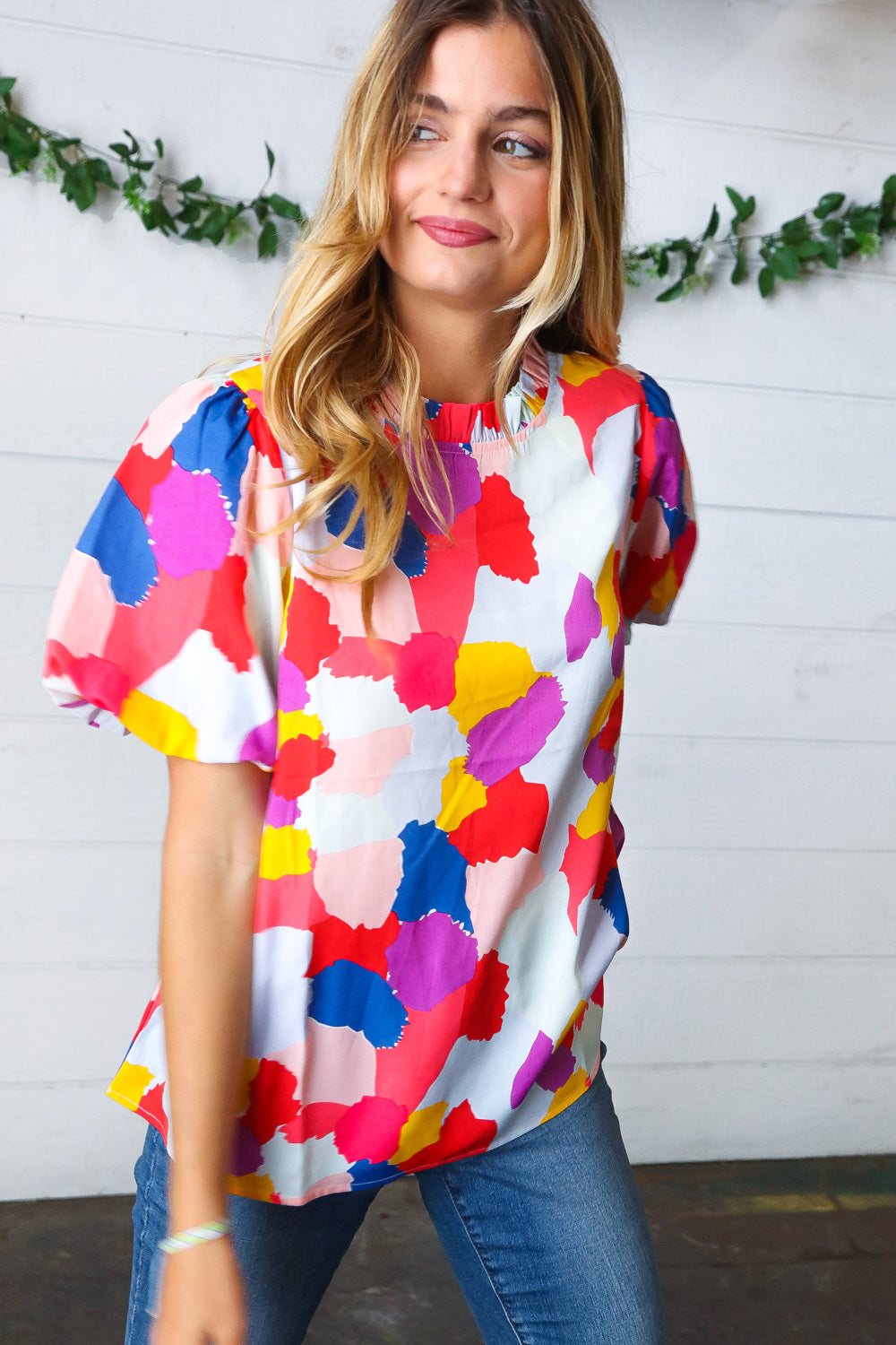 Multicolor Print Frilled Mock Neck Puff Sleeve Tops | Nikki &amp; Co. Boutique