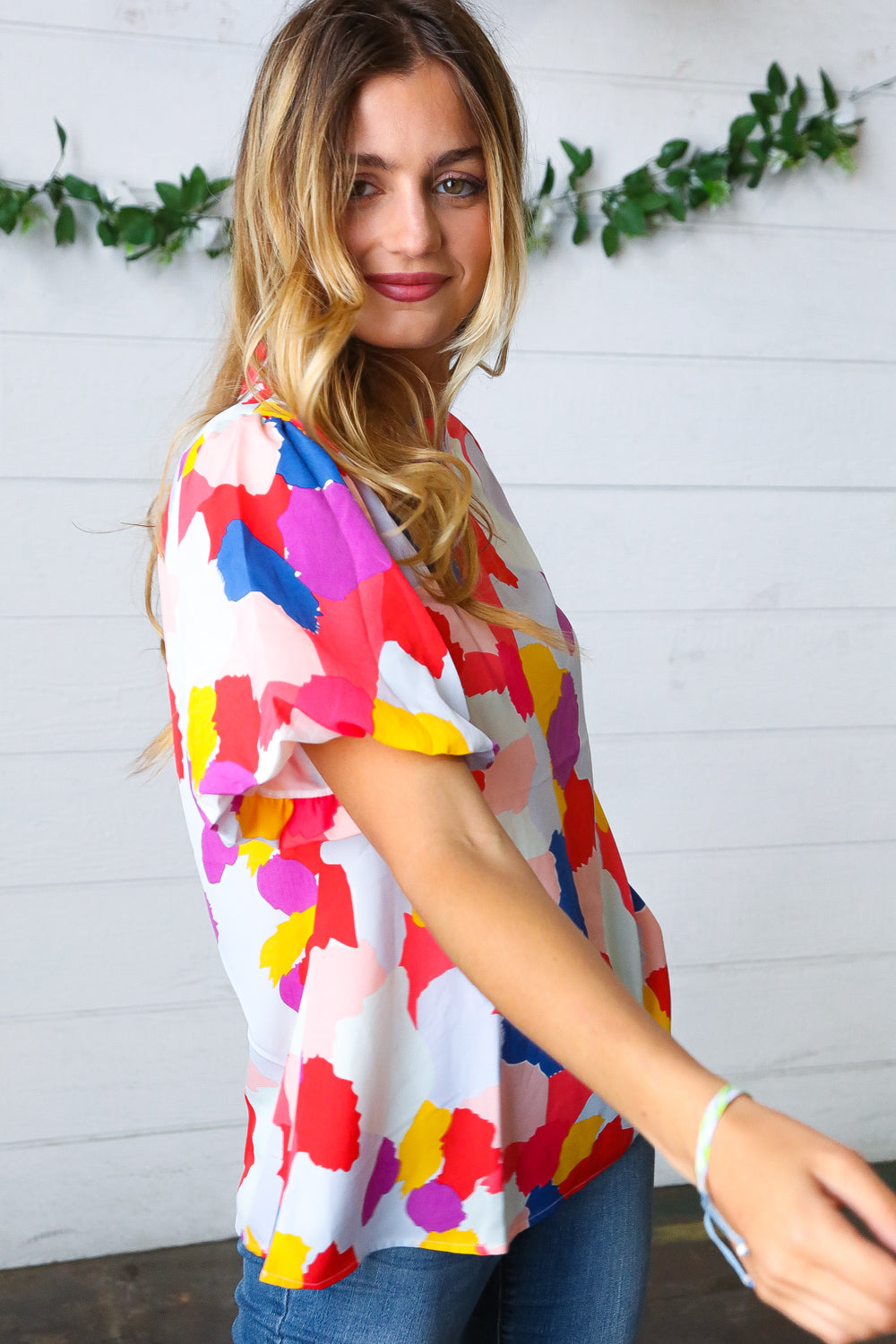 Multicolor Print Frilled Mock Neck Puff Sleeve Tops | Nikki &amp; Co. Boutique