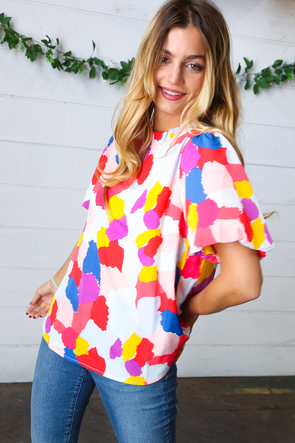 Multicolor Print Frilled Mock Neck Puff Sleeve Tops | Nikki &amp; Co. Boutique
