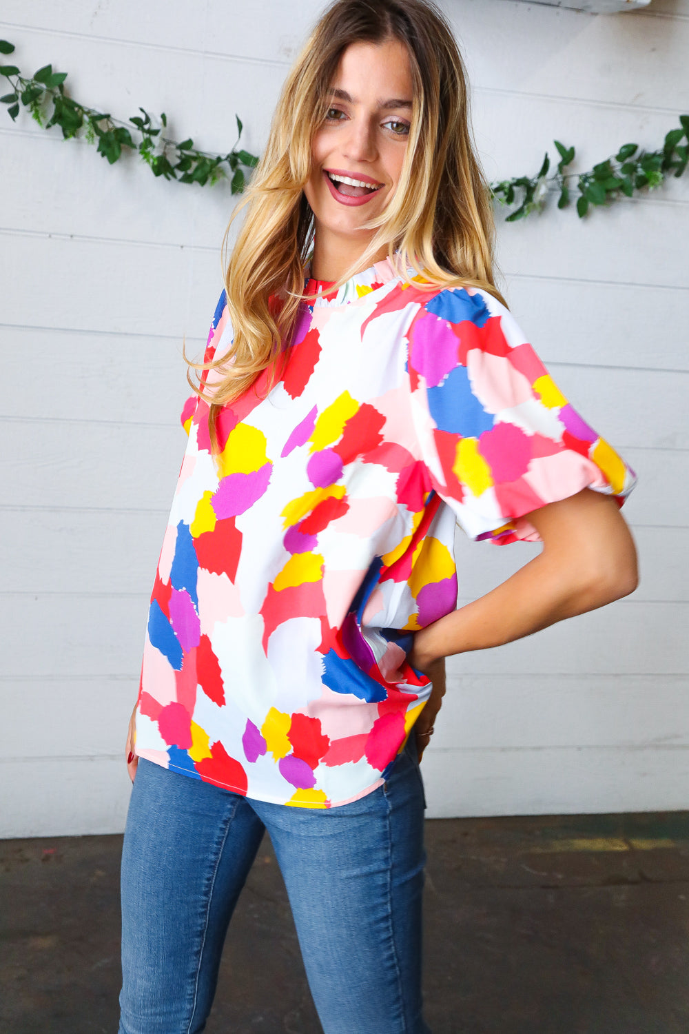 Multicolor Print Frilled Mock Neck Puff Sleeve Tops | Nikki &amp; Co. Boutique