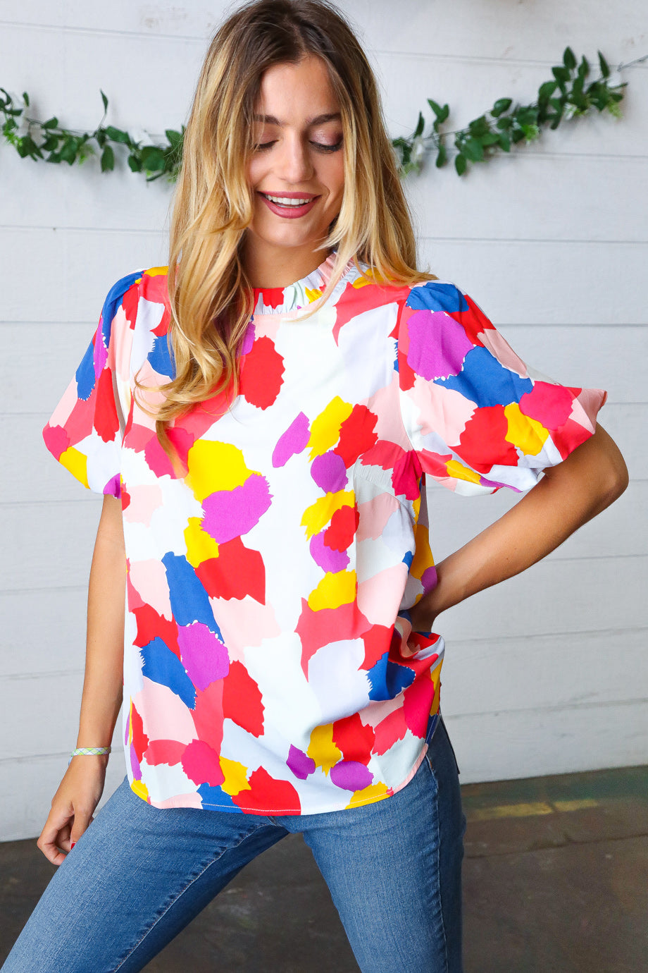 Multicolor Print Frilled Mock Neck Puff Sleeve Tops | Nikki &amp; Co. Boutique