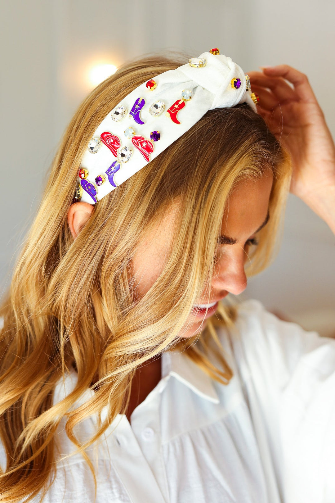 Red White & Blue Gem Cowboy Embellished Top Knot Headband | Nikki & Co. Boutique