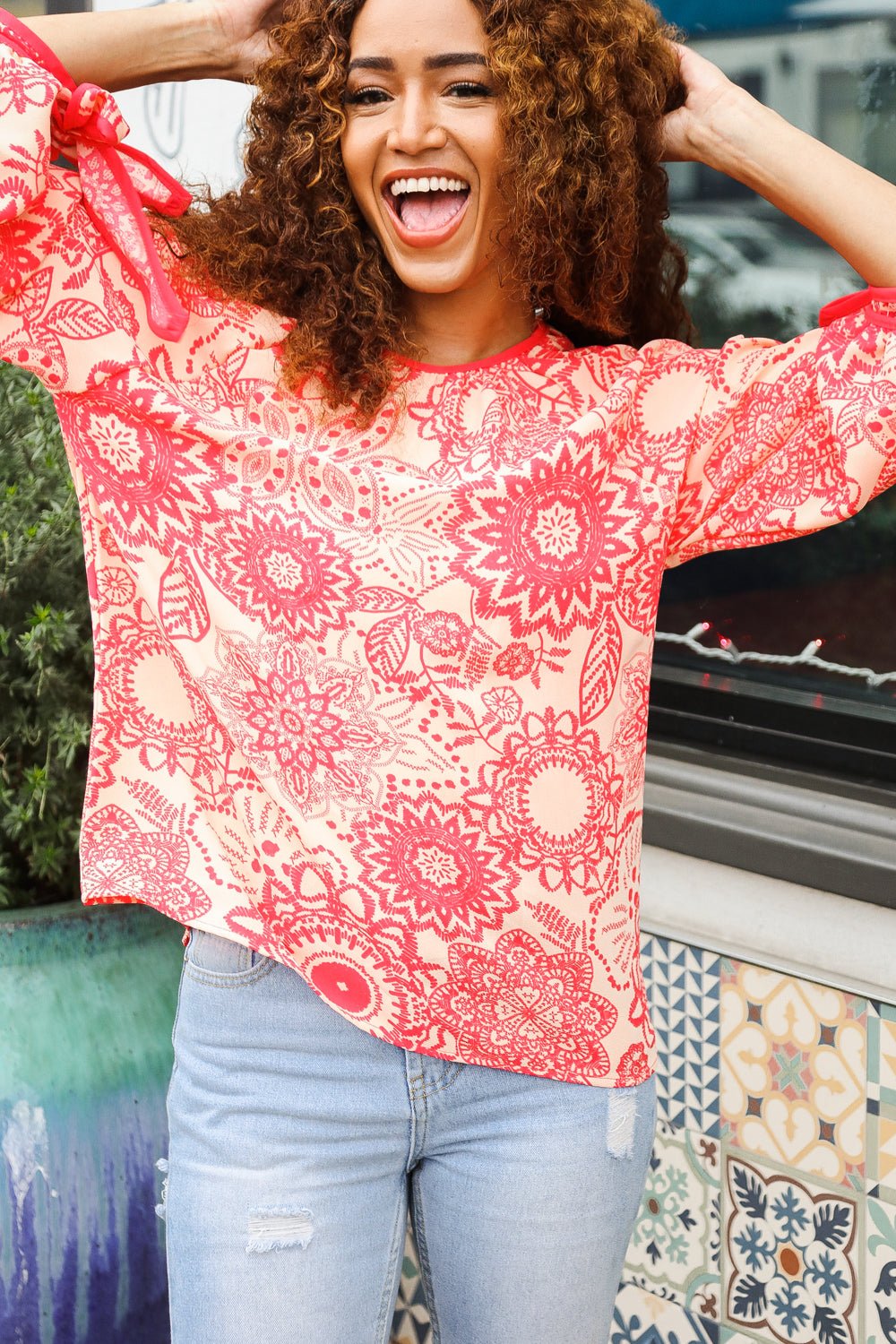 Be Bold Red &amp; Coral Floral Long Sleeve Bow Tie Contrast Binding Tops - Nikki &amp; Co. Boutique