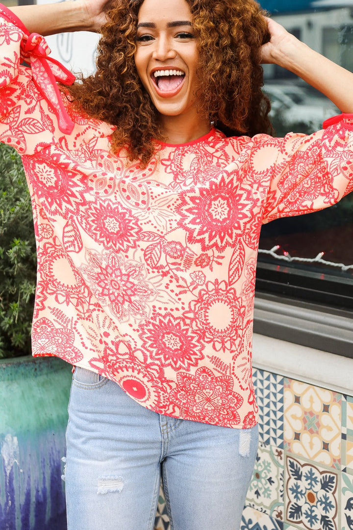Be Bold Red &amp; Coral Floral Long Sleeve Bow Tie Contrast Binding Tops - Nikki &amp; Co. Boutique