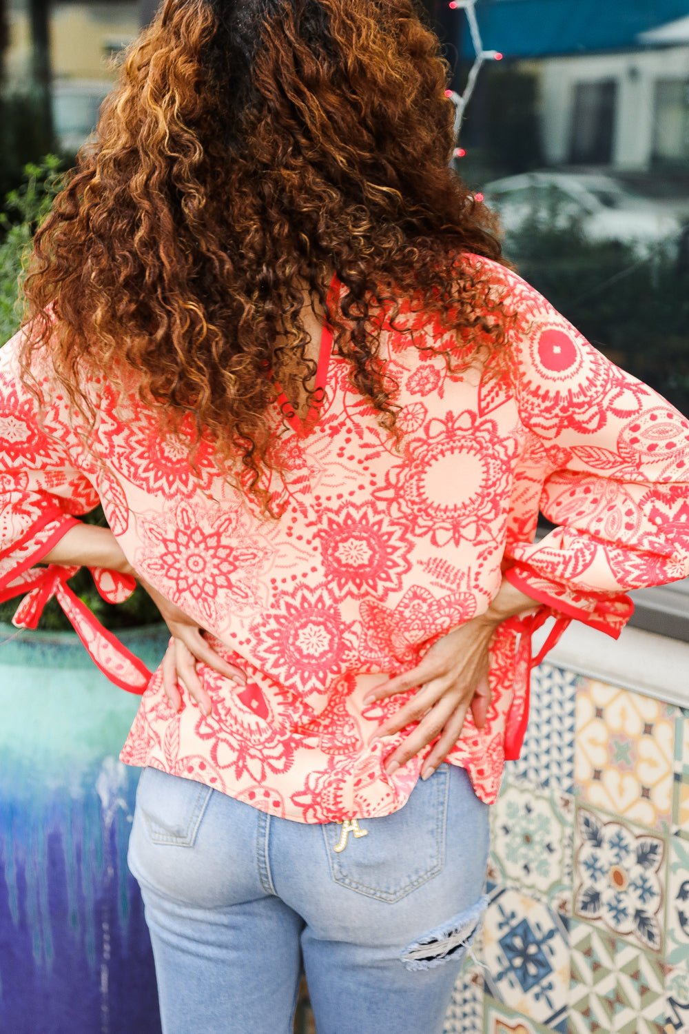 Be Bold Red &amp; Coral Floral Long Sleeve Bow Tie Contrast Binding Tops - Nikki &amp; Co. Boutique