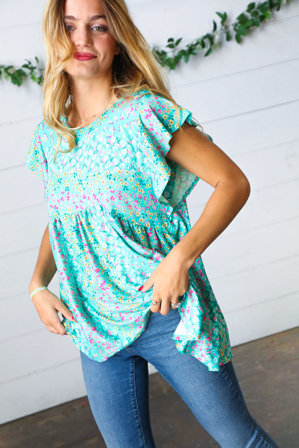 Turquoise Floral Stripe Babydoll Tops | Nikki &amp; Co. Boutique