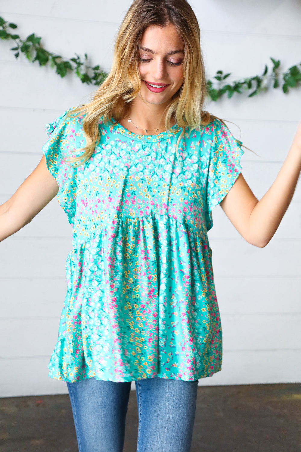 Turquoise Floral Stripe Babydoll Tops | Nikki &amp; Co. Boutique
