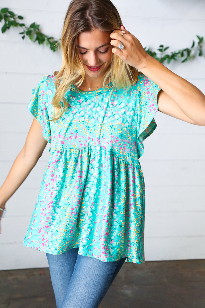 Turquoise Floral Stripe Babydoll Tops | Nikki &amp; Co. Boutique