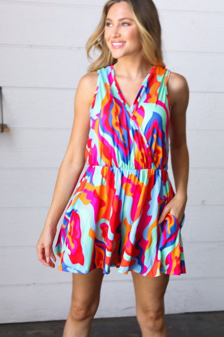 Vibrant Multicolor Abstract Sleeveless Surplice Romper | Nikki &amp; Co. Boutique