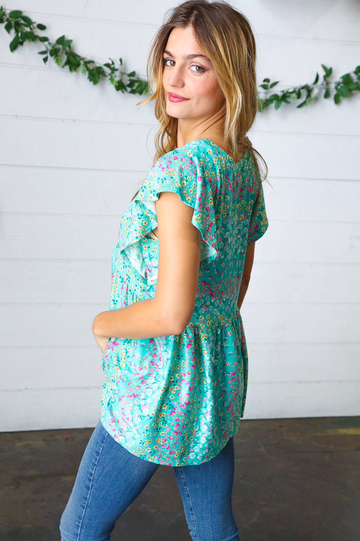 Turquoise Floral Stripe Babydoll Tops | Nikki &amp; Co. Boutique