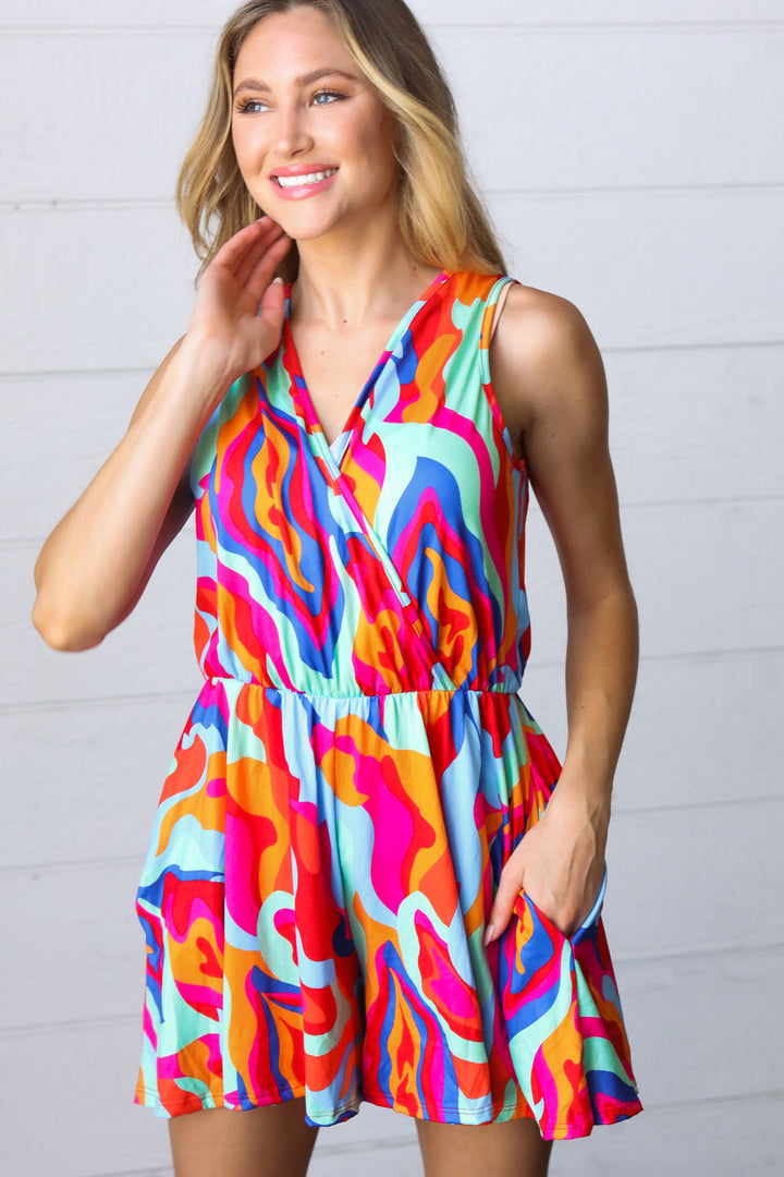 Vibrant Multicolor Abstract Sleeveless Surplice Romper | Nikki &amp; Co. Boutique
