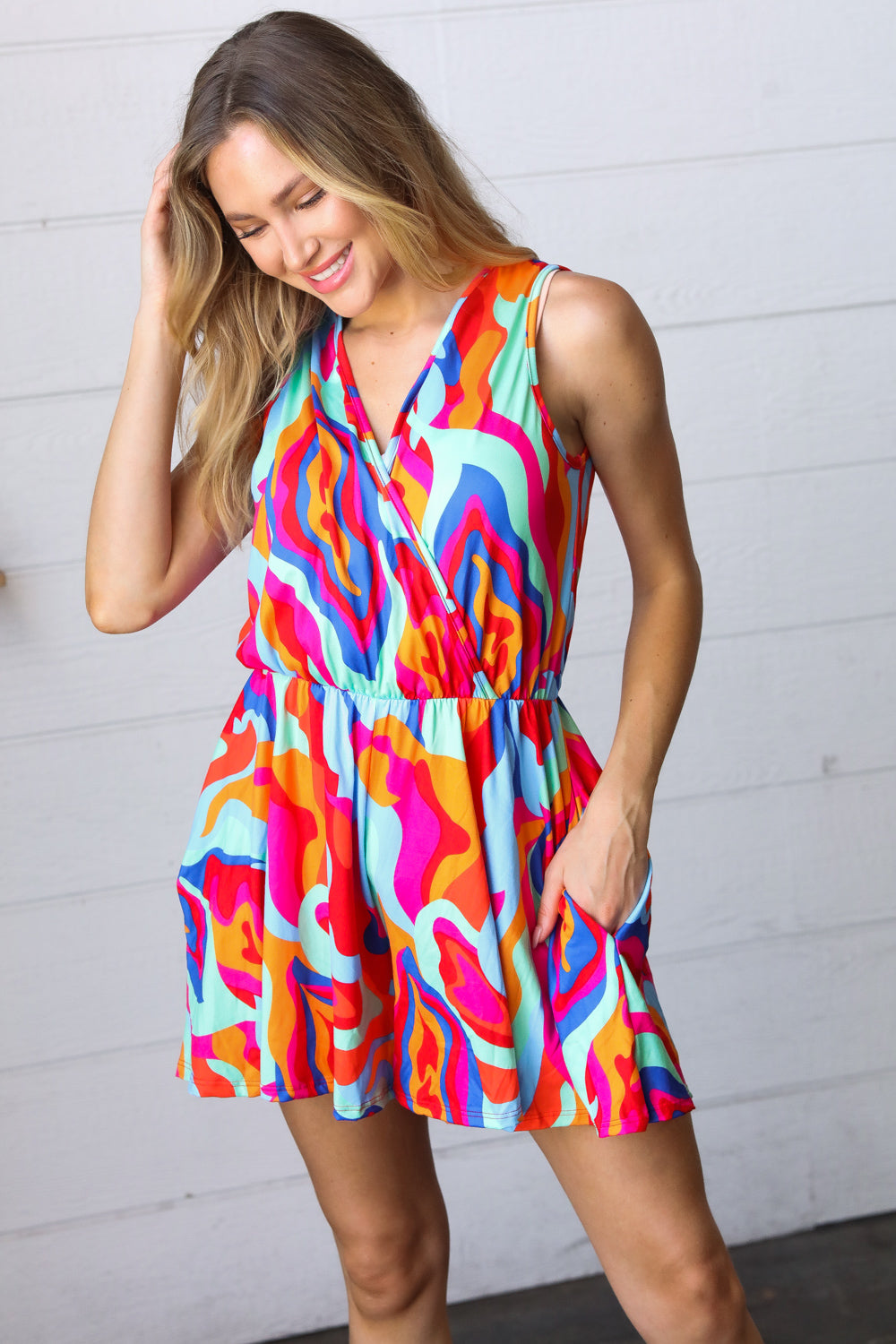 Vibrant Multicolor Abstract Sleeveless Surplice Romper | Nikki &amp; Co. Boutique