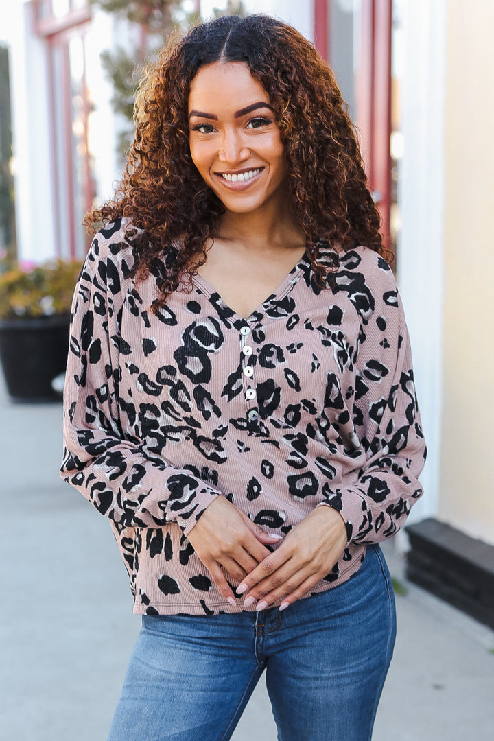 Be Bold Beige Rib Animal Print Button Placard Dolman Pullover | Nikki &amp; Co. Boutique