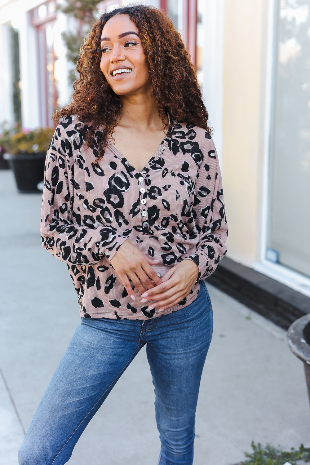 Be Bold Beige Rib Animal Print Button Placard Dolman Pullover | Nikki &amp; Co. Boutique