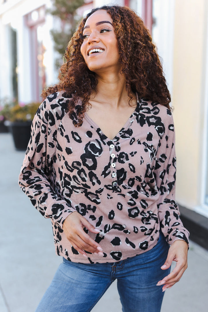 Be Bold Beige Rib Animal Print Button Placard Dolman Pullover | Nikki &amp; Co. Boutique