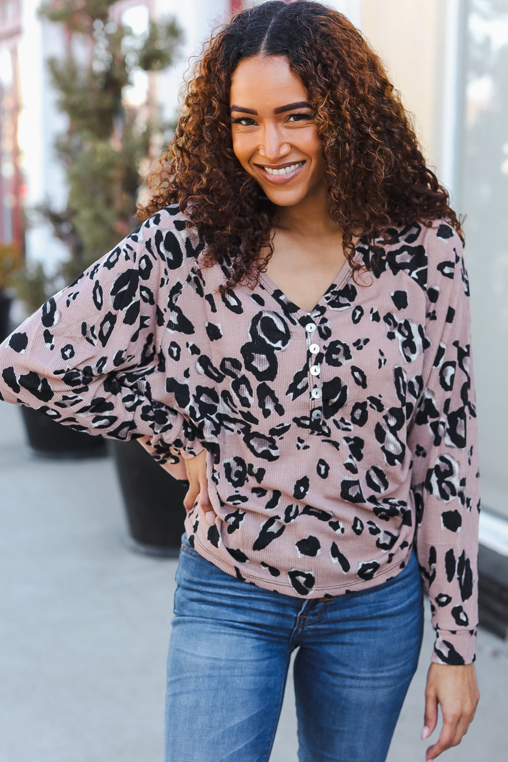 Be Bold Beige Rib Animal Print Button Placard Dolman Pullover | Nikki &amp; Co. Boutique