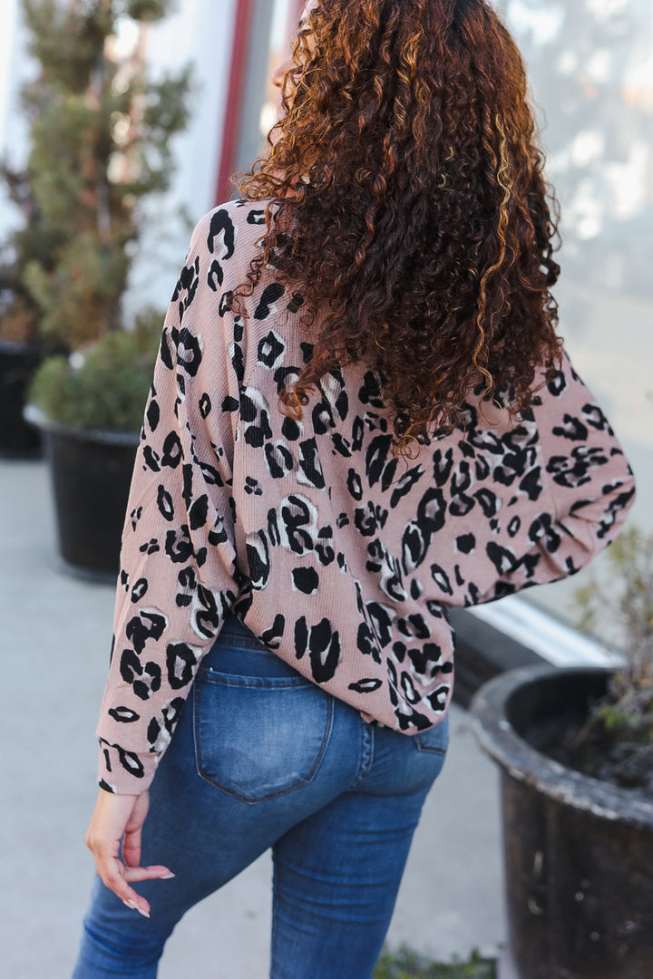 Be Bold Beige Rib Animal Print Button Placard Dolman Pullover | Nikki &amp; Co. Boutique