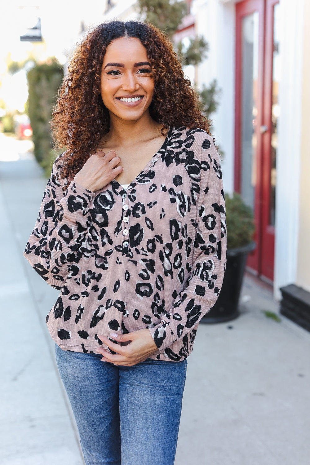 Be Bold Beige Rib Animal Print Button Placard Dolman Pullover | Nikki &amp; Co. Boutique