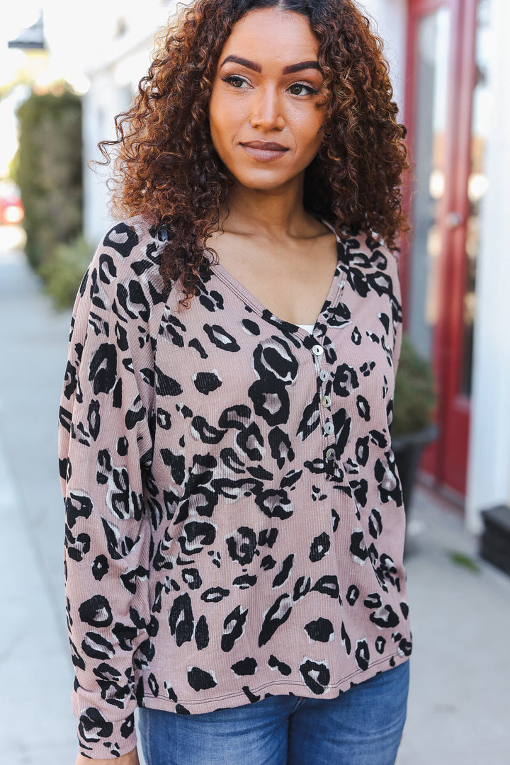 Be Bold Beige Rib Animal Print Button Placard Dolman Pullover | Nikki &amp; Co. Boutique